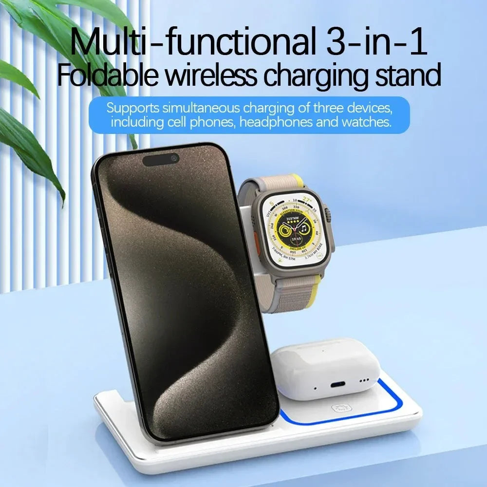 3 In 1 LED Fast Wireless Charger Stand Foldable Charging Station